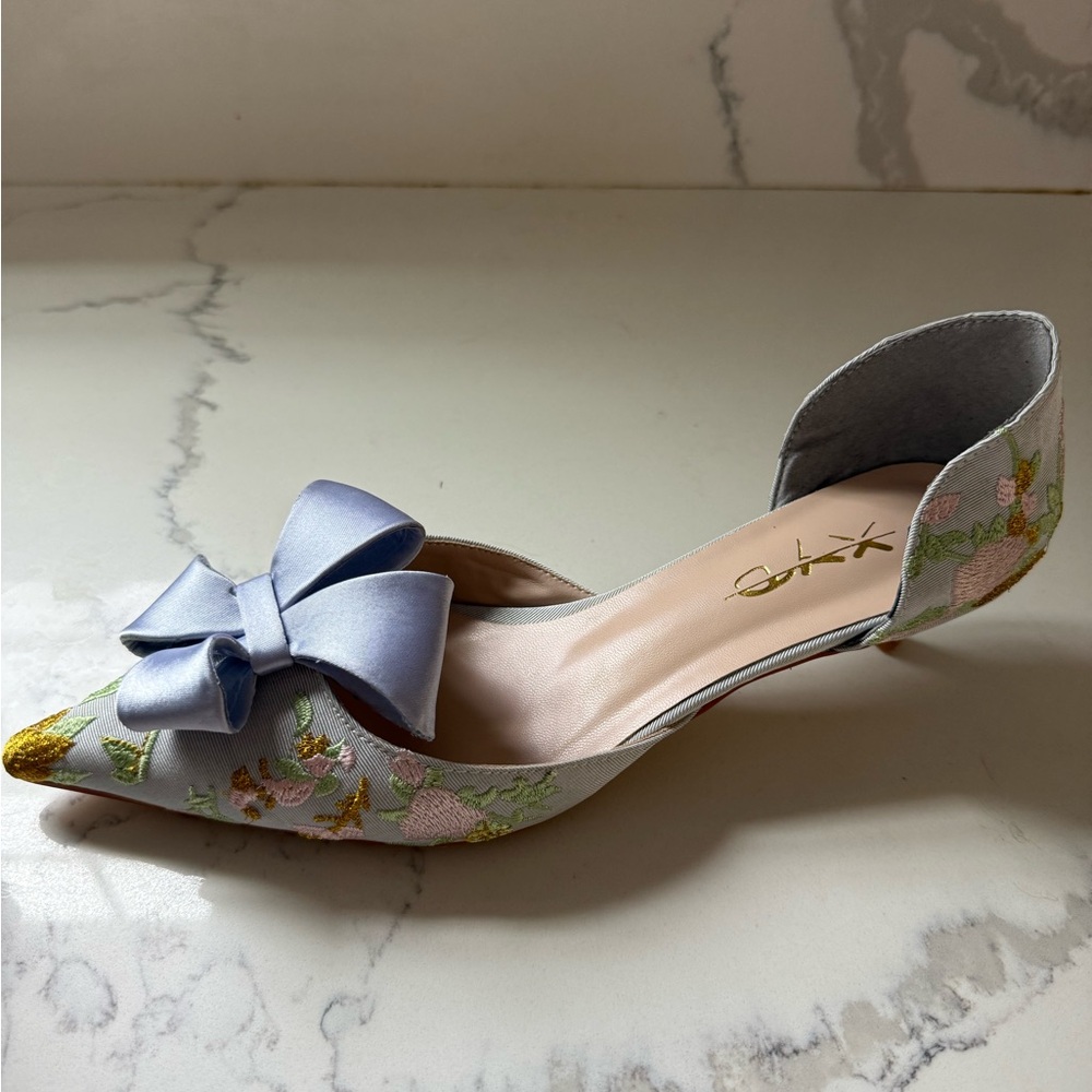 XYD Light Blue Satin Floral Printed Bow Kitten Heels